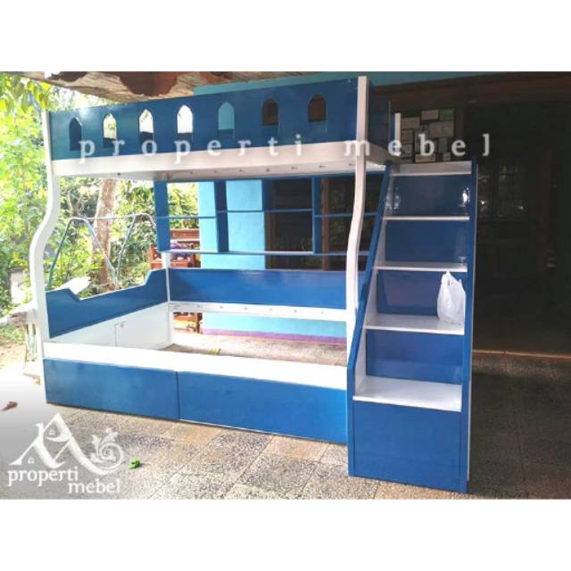Tempat tidur tingkat ranjang susun anak warna putih biru + 2 laci