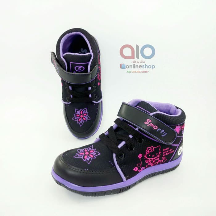 Sepatu Sekolah TK Paud Perempuan Hitam Ungu Hello Kitty Sporty Boot 26