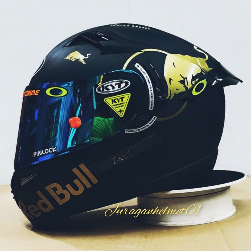 Jual helm full face kyt k2 raider paket ganteng hitam doff red bull