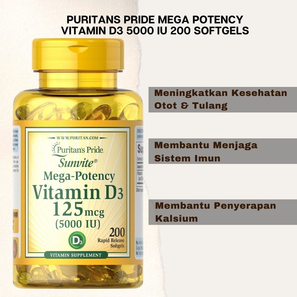 Puritan’s Pride MegaPotency Vitamin D3 5000 IU (200 Softgels) Shopee