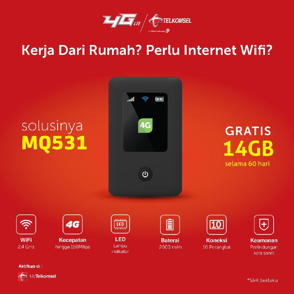 Modem Mifi Wifi MQ531 Telkomsel 4G LTE 14GB UNLOCK All Operator GSM