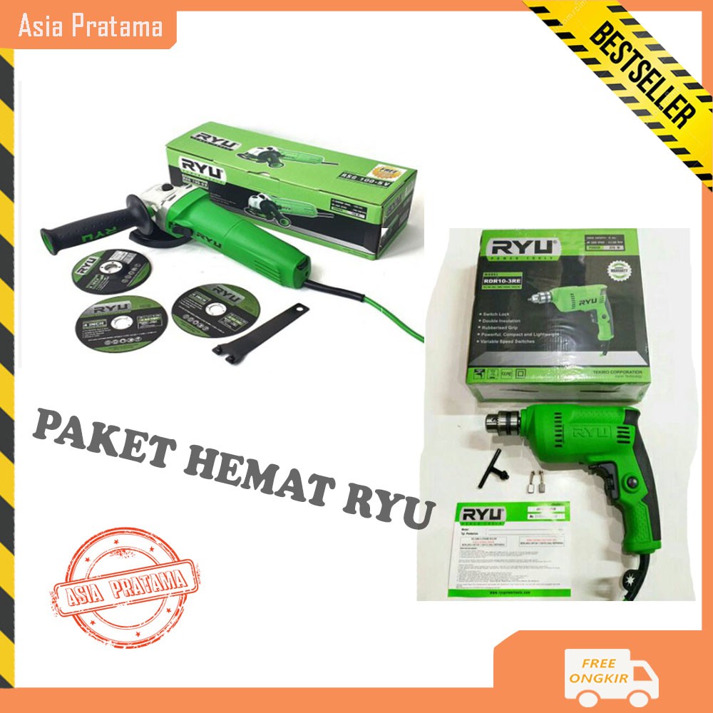 NEW PAKET RYU,MESIN BOR TANGAN BOLAK BALIK 10MM DAN GERINDA RYU FREE 3 MATA GERINDA Shopee