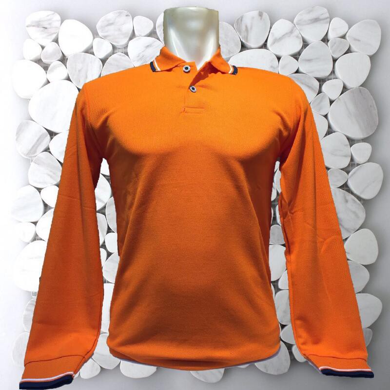 Jual kaos kerah lengan panjang warna orange list I polo polos panjang