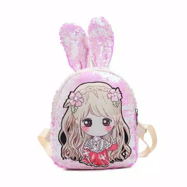 (4PC1KG)SKY6905 TAS SEQUIN BUNNY HAT MOTIF BONEKA CEWEK LUCU IMUT RANSEL ANAK SEKOLAH TAS LOL