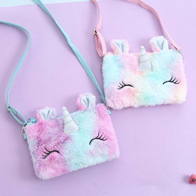 TAS SELEMPANG BULU UNICORN SLING BAG BULU UNICORN KADO ULTAH ANAK PEREMPUAN MOTIF UNICORN KEREN