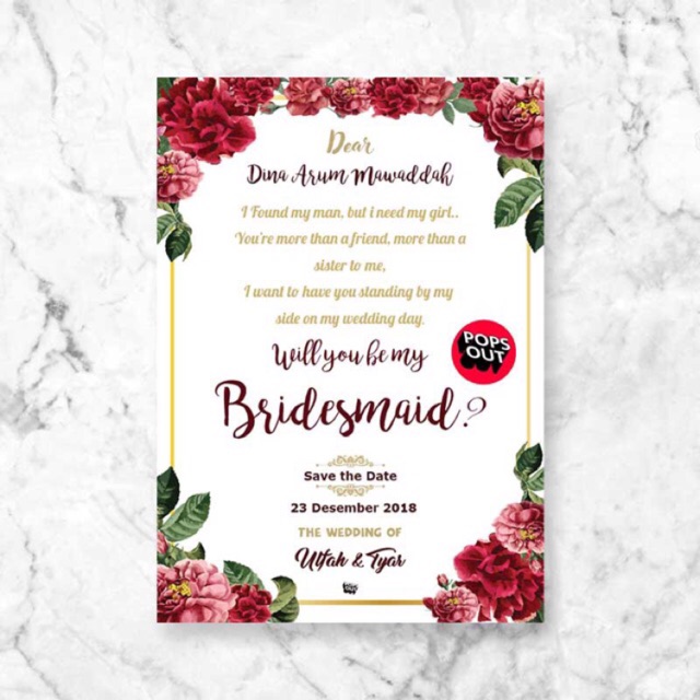 kartu bridesmaid /card bridesmaid (tulisan onlycustom