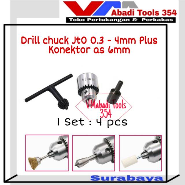 Drill chuck Jt0 0.3 4mm plus konektor as 6mm / as 3.18 mm cocok untuk dinamo mesin jahit kecil