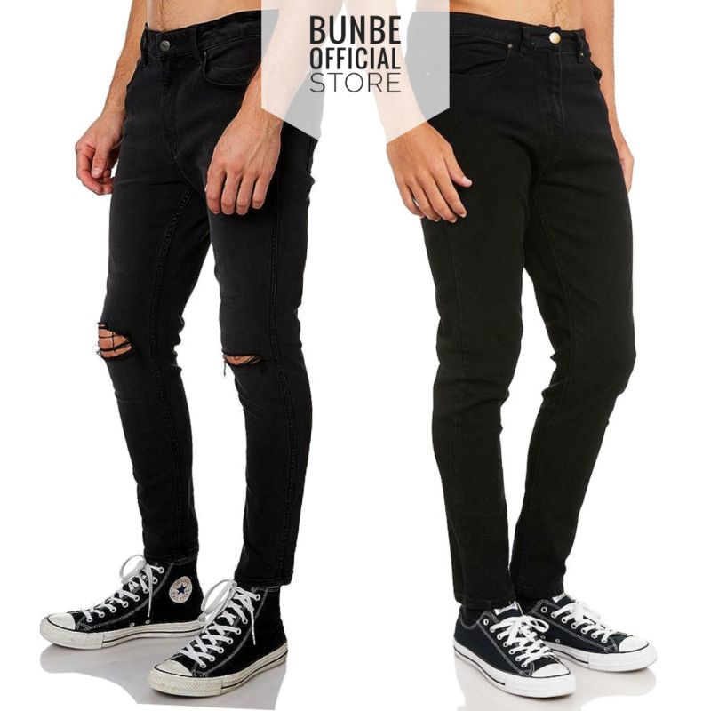 Celana Jeans Pria sobek lutut robek ripped skinny hitam melar elastis Shopee Indonesia