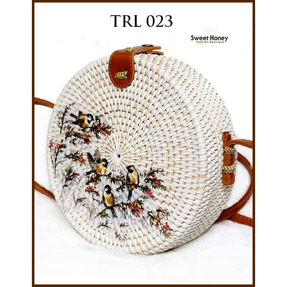 Sweet Honey Tas Rotan Bulat Murah 20cm Bali Lukis Decoupage Bunga dan Burung TRL023 [Bisa COD