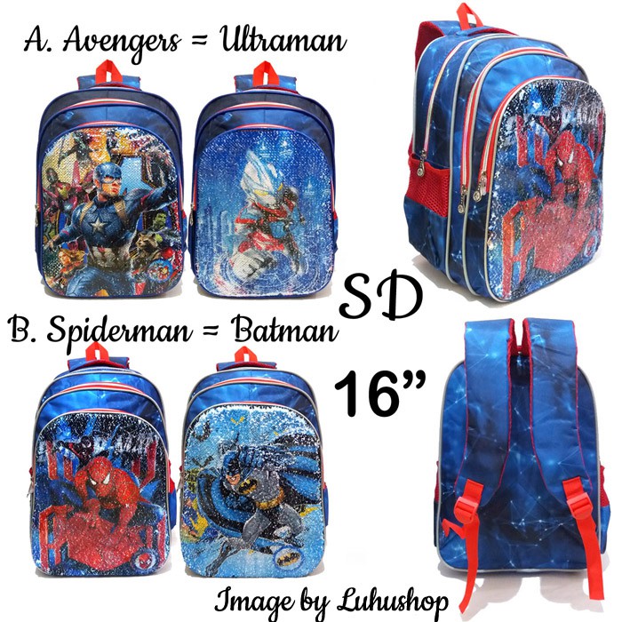 Tas Ransel Anak Cowo 2 gambar Sequin Usap Spiderman ultraman batman