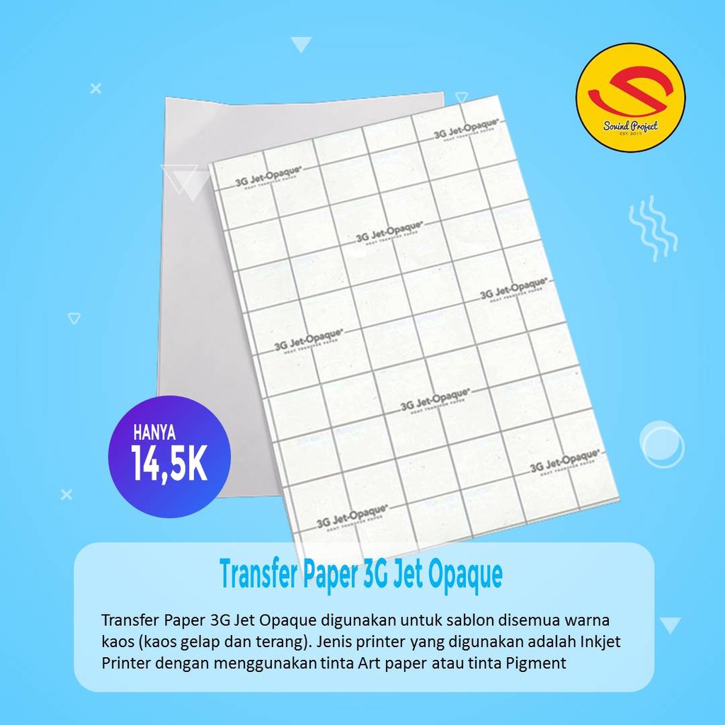 Bisa COD Kertas Transfer Paper 3G Jet Opaque A4 Dark USA Untuk Semua