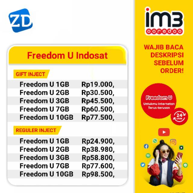 Jual [INJECT] Indosat Freedom U / Unlimited Apps GIFT & REGULER