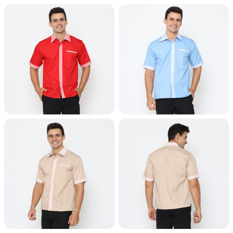 Jual Baju kerja, seragam OB, seragam batik, seragam cleaning service, baju  pramusaj putih komb batik Indonesia|Shopee Indonesia