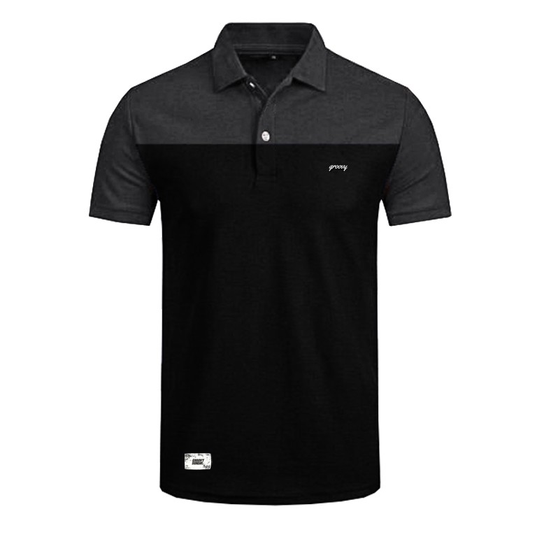Polo Shirt Pria Abu Gelap Tuton Kombinasi Hitam Slimfit Baju Kaos Kerah