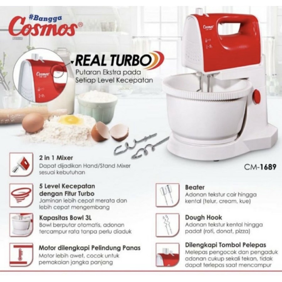 Jual Stand Mixer Berdiri Cosmos CM 1689 Turbo 5 Speed Hand Mixer CM1689