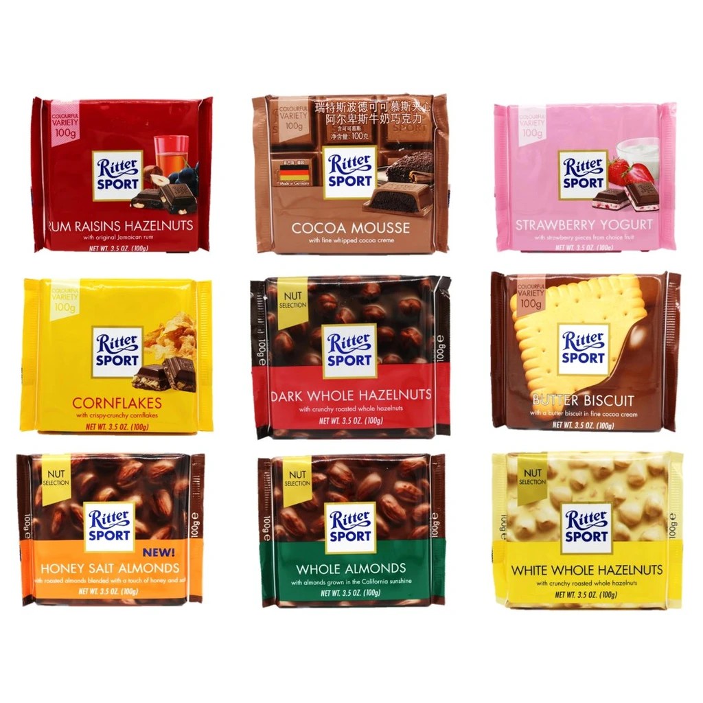 Jual Ritter Sport Chocolate 100 G / Hazelnut Almond Corn Flakes Milk Stroberi / Coklat Jerman Germany | Shopee Indonesia