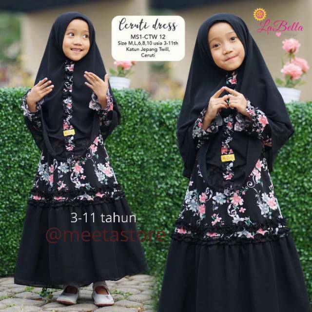 NEW MOTIF GAMIS ANAK 6 7 TAHUN LABELLA HITAM BAJU MUSLIM PEREMPUAN