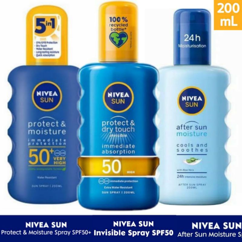 Jual Nivea Sun Moisturizing Sun Spray Spf 50+ 200Ml/Cools & Soothes With Aloe Vera/ Invisible Dry Protection 200Ml/ - Sunscreen Pelindung Matahari | Shopee Indonesia