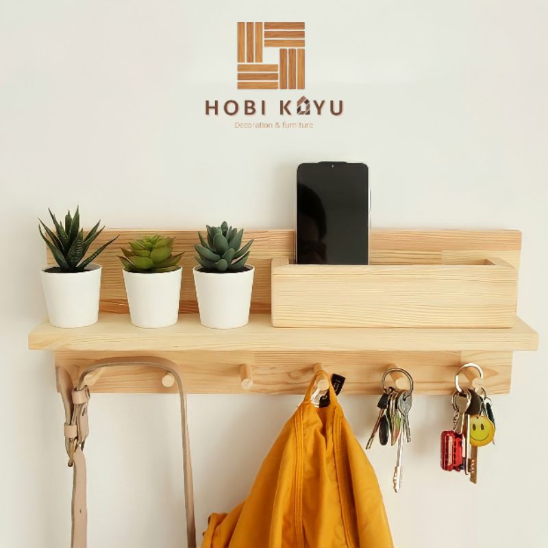 Jual rak dinding rak tempel tempat gantungan kunci buku baju rak kayu