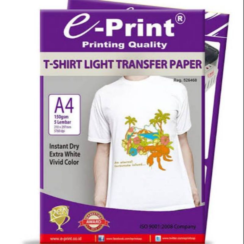 Jual ePrint Tshirt Light Transfer Paper A4 150gsm (5sheets) Shopee