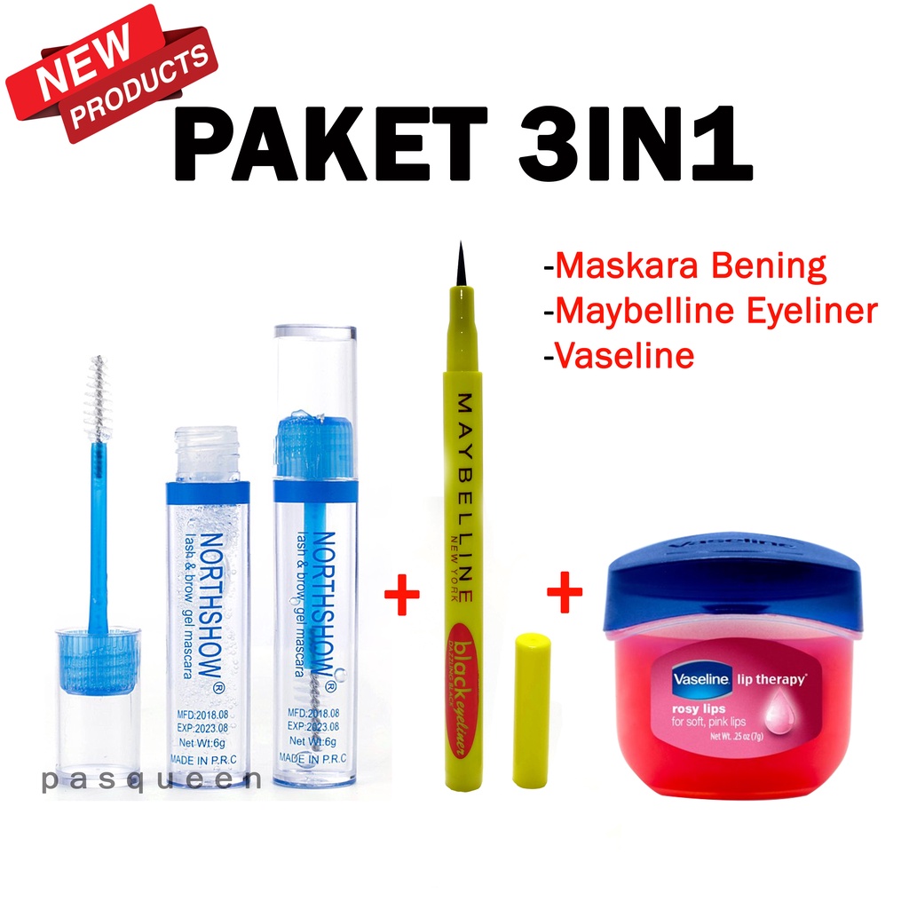 Jual PAKET 3IN1 Maskara Bening + Eyeliner Maybelline + Vaseline Lip