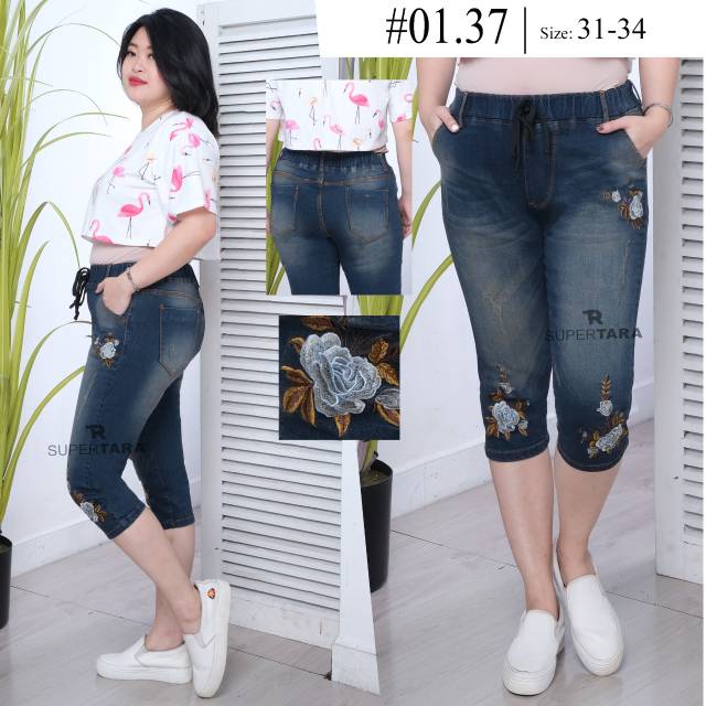 Celana jeans wanita 7/8 kombinasi bunga size jumbo 3134 merek Supertara Shopee Indonesia