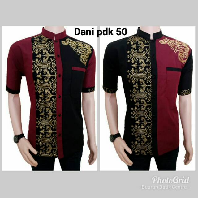 Baju koko twotone batik kombinasi bordir dani pdk 50 dua warna merah maroon  dan hitam modis elegan | Shopee Indonesia