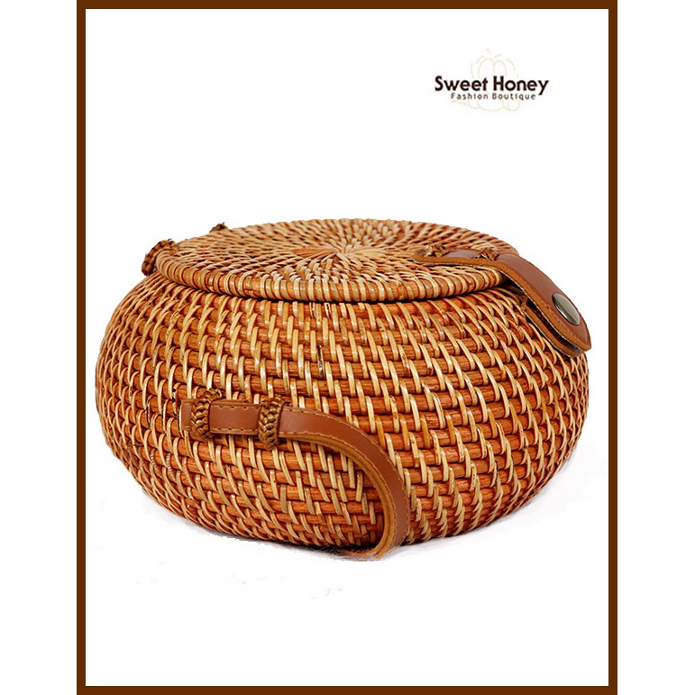 Sweet Honey Tas Rotan Bulat Bali Model Kendi Bowl Bong Mangkok Warna Rotan Coklat [Bisa COD
