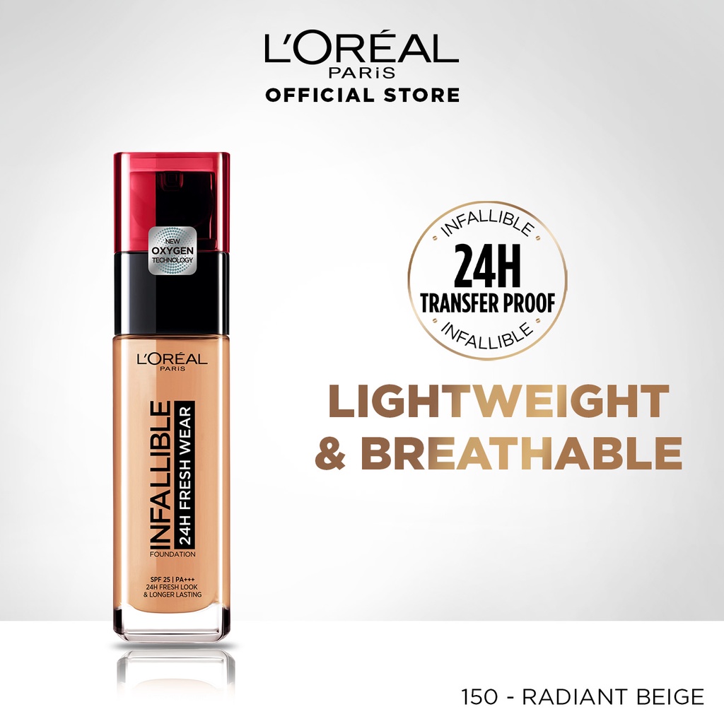 Jual L'oreal Paris 24H Fresh Wear Infallible Liquid Matte Foundation Make Up - 150 Radiant Beige | Shopee Indonesia