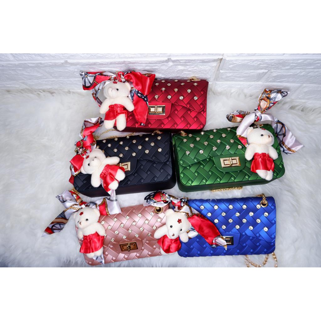 (COD) TAS JELLY MATTE ANYAM DIAMOND UK 18 CM (GRATIS BONEKA & SYAL