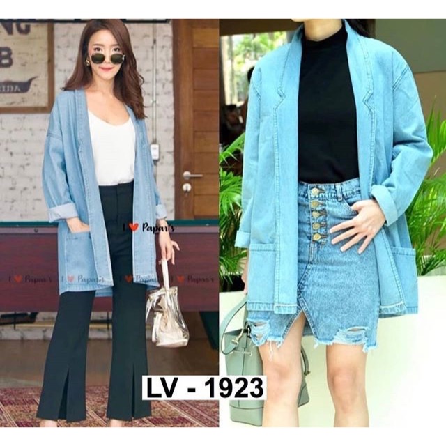 Outer blazer bahan jeans murah kualitas butik tebal big size jumbo