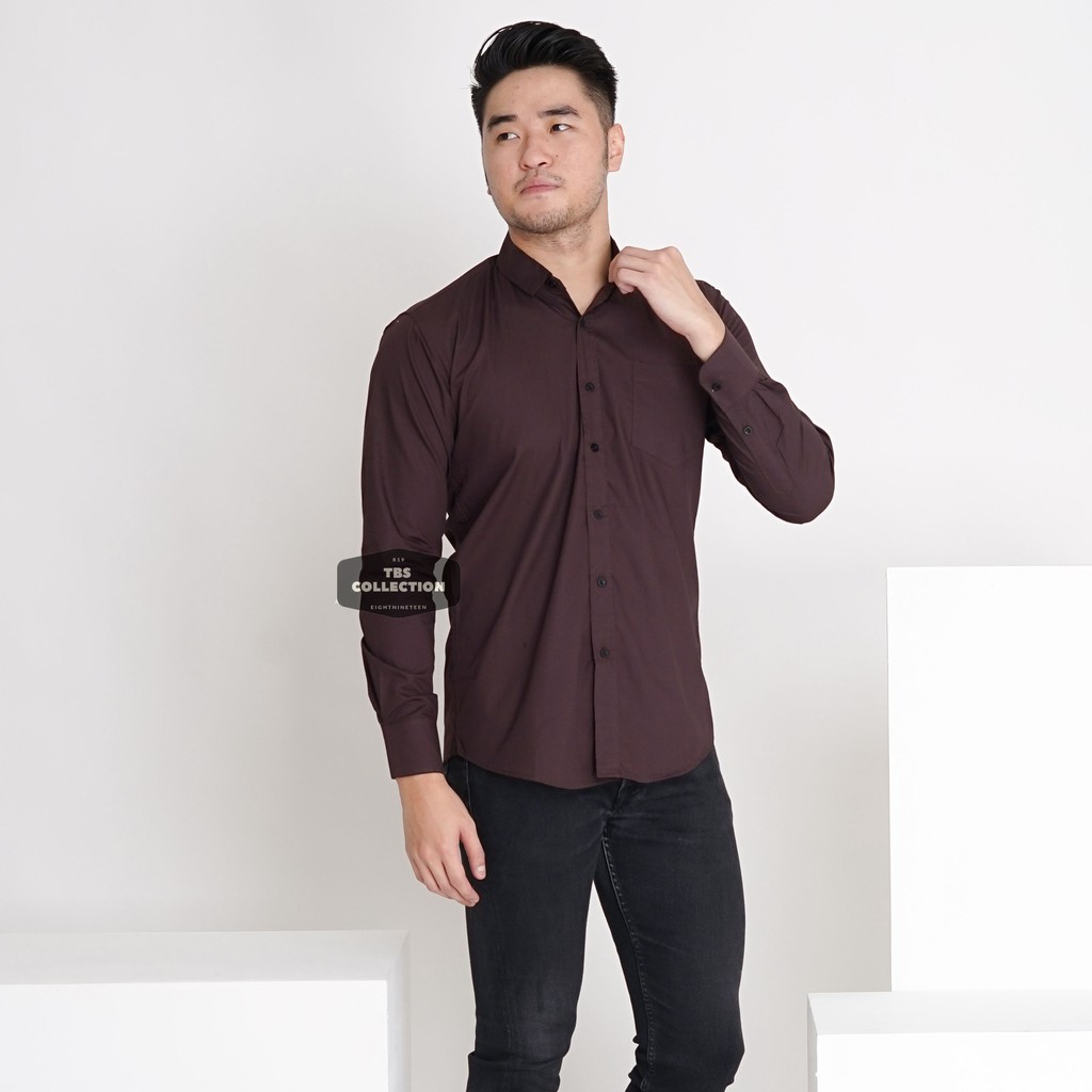 Jual Kemeja Pria Lengan Panjang Warna Coklat Tua Dark Brown Polos Cowok Casual Slimfit 3242 | Shopee Indonesia