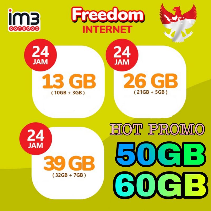 PAKET DATA INDOSAT Freedom full KUOTA 50GB 39GB 26GB 32GB