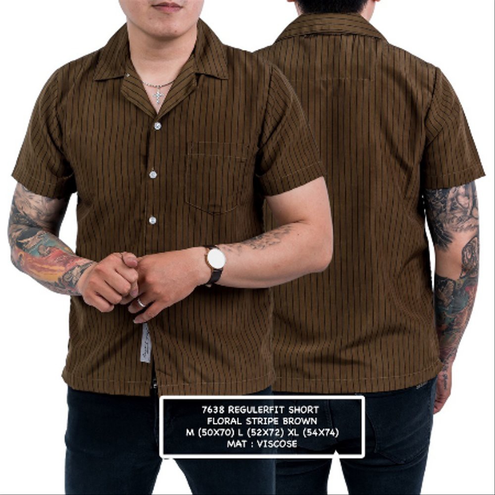 Jual Kemeja Pria Lengan Pendek Reguler Coklat Army Fit Stripes Salur 7638 | Shopee Indonesia