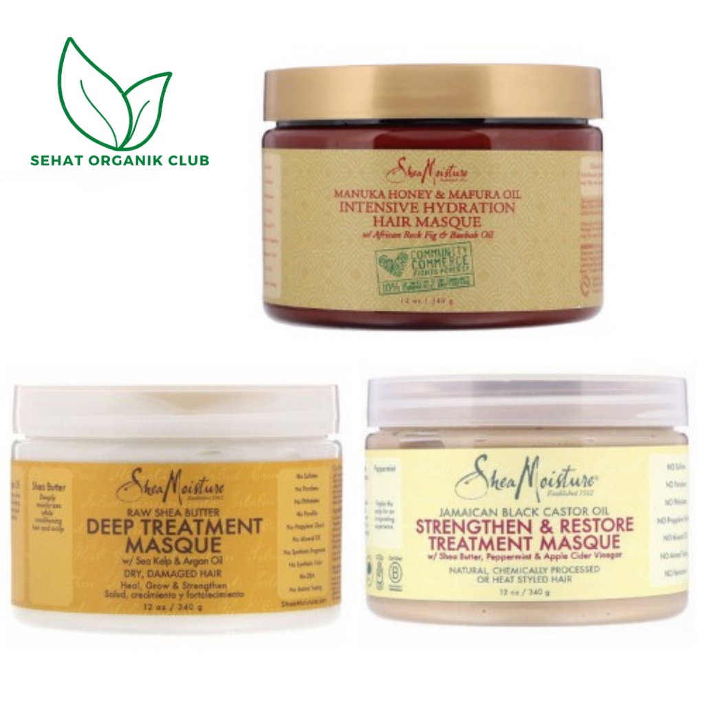 Jual Sheamoisture Deep Treatment Masque Raw Shea Butter 340 G ; Jamaican Black Castor Oil Strengthen Masque ; Hydration Hair Masque Manuka Honey & Mafura Oil 340 G | Shopee Indonesia