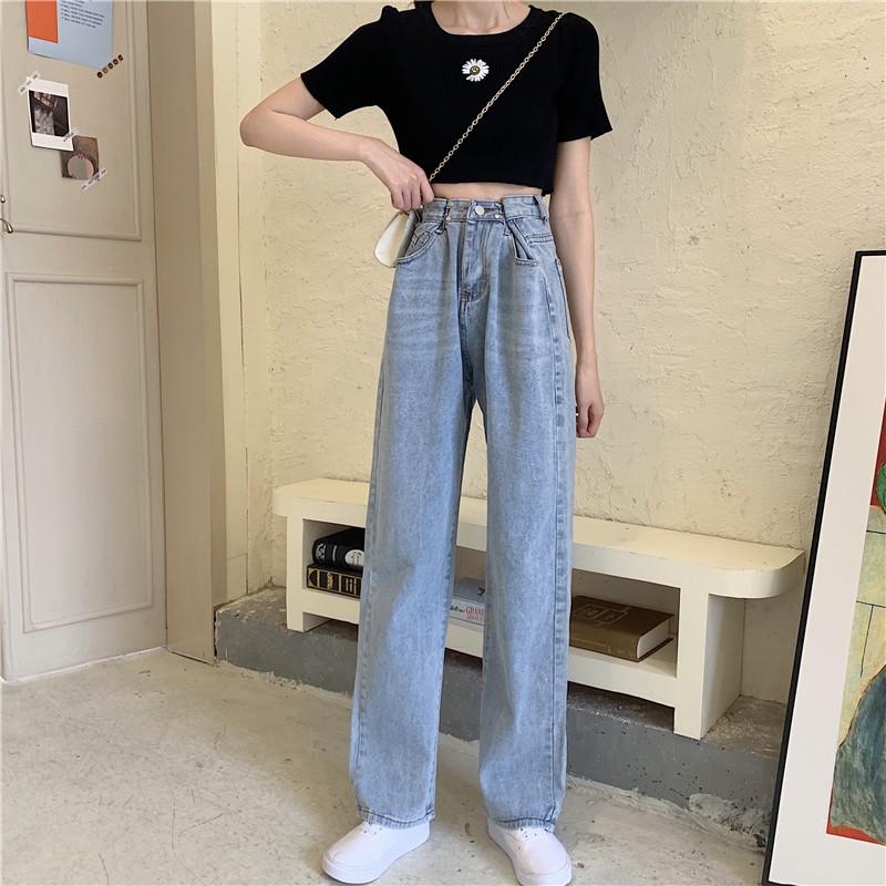 Jual Wide-Leg Jeans Untuk Wanita High-Waist Longgar Lurus-Kaki Celana Panjang | Shopee Indonesia