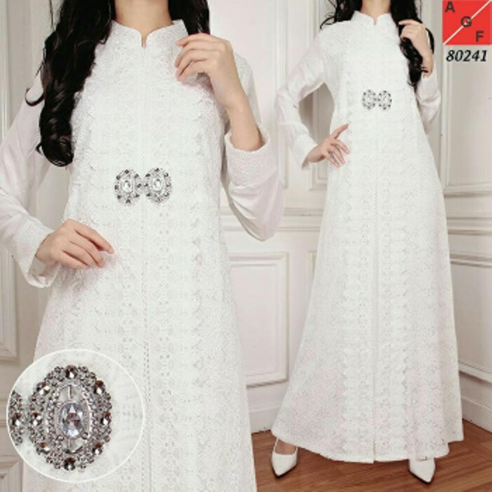 Baju Muslim Gamis Putih Elegance Bahan Silk Sutera Mix Brokat size M L