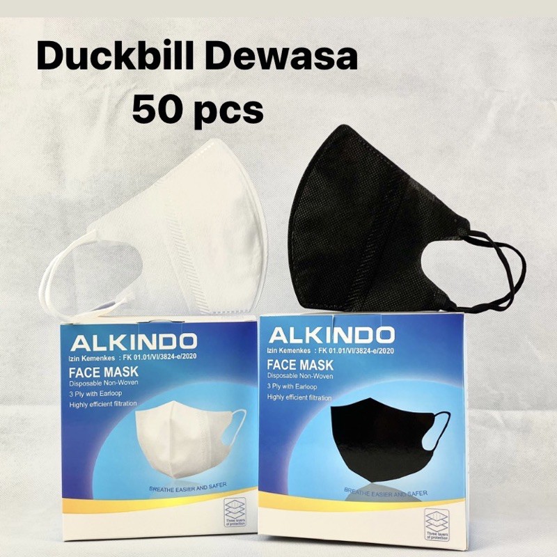 Jual MASKER DUCKBILL 3 PLY DEWASA / ANAK HITAM PUTIH PER PACK ISI 50