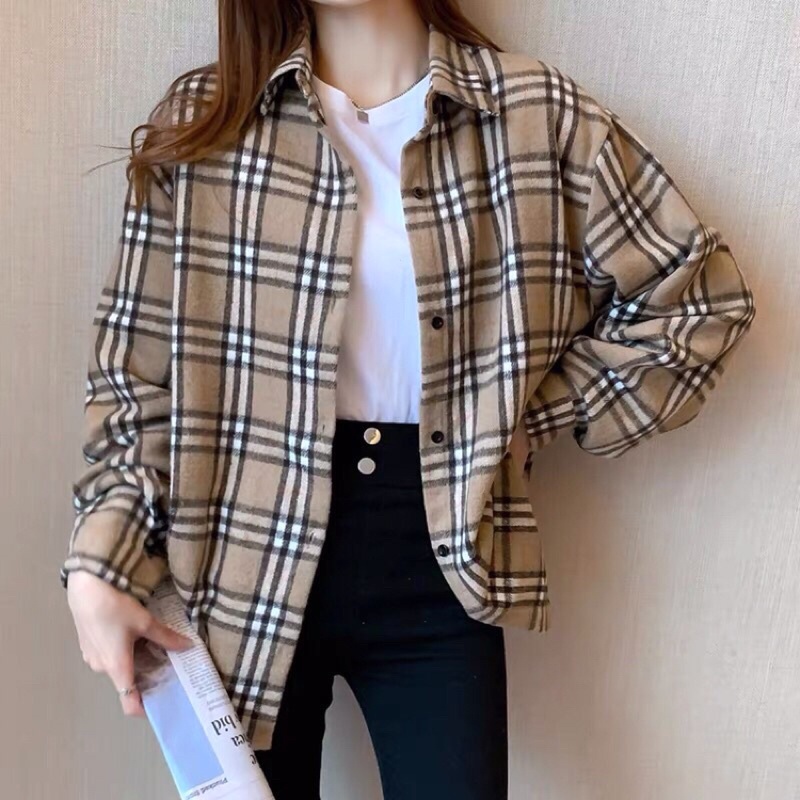 Jual Kemeja Kotak Kotak Oversize Wanita | Kemeja Korean Kemeja Flanel Kotak Kotak Cream Coklat Hitam | Kemeja Flanel Wanita | Shopee Indonesia