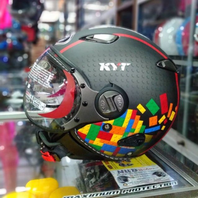 Jual HELM KYT ELSICO MOTIF SERI 5 BLACK MATT BLACK RED HELM RETRO KYT