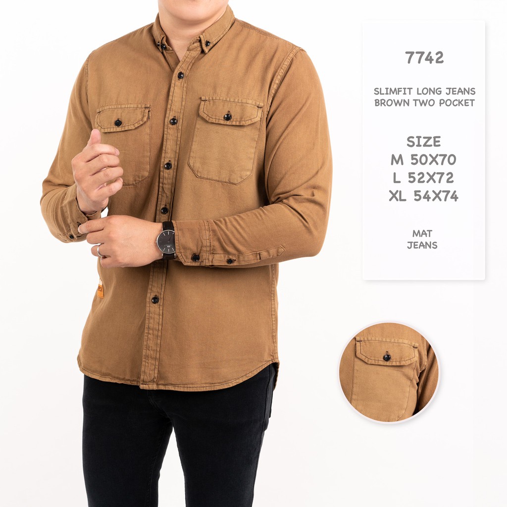 Jual Credomenstore 7742 Kemeja Jeans Denim Pria Lengan Panjang Coklat Premium | Shopee Indonesia