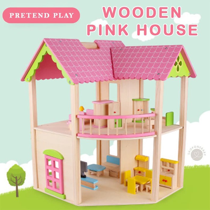 Wooden Pink House Dolls House Dollhouse Pretend Play Girl
