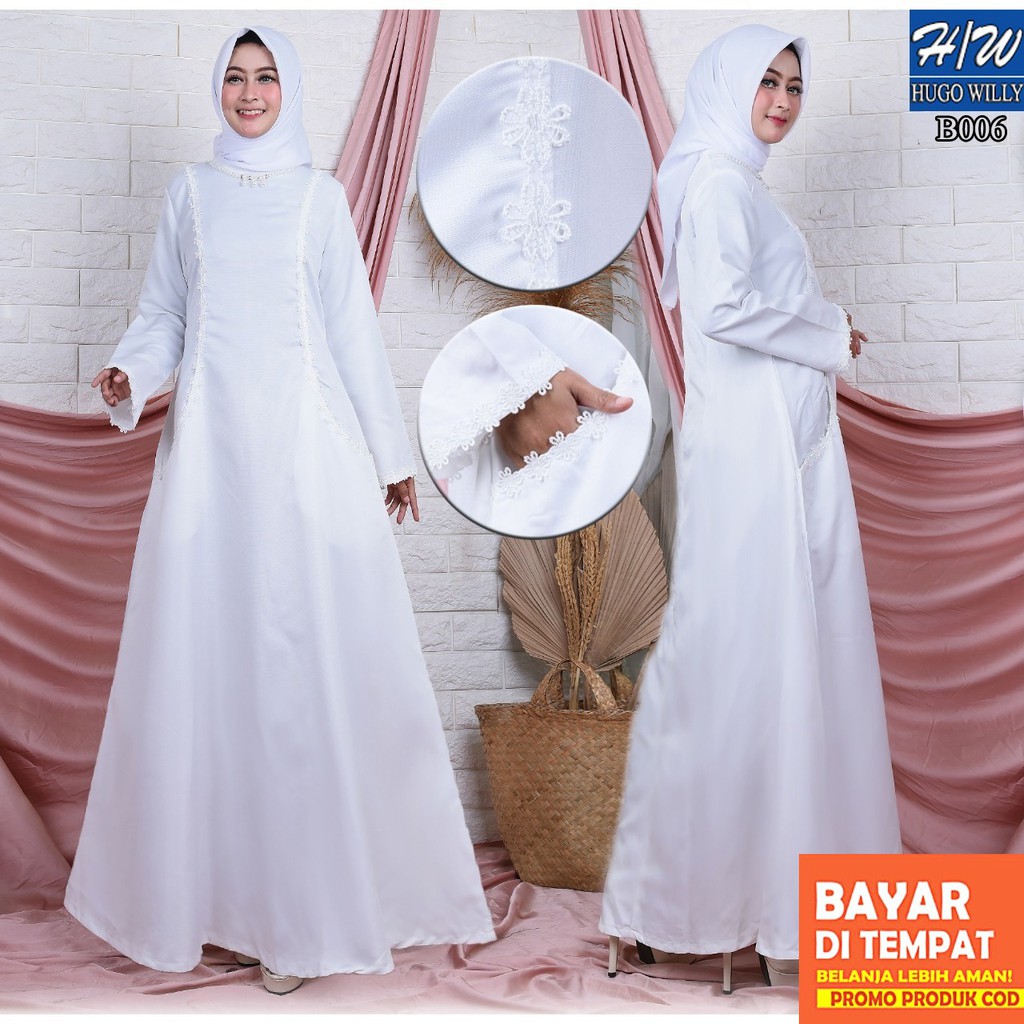 AGNES H/W Baju Gamis Putih Wanita Busana Muslim Wanita Lebaran Umroh