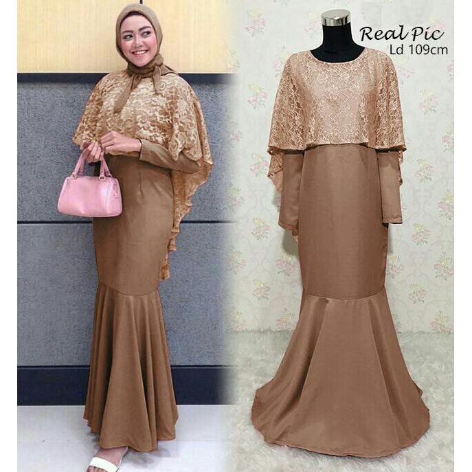 Baju Gamis Polos Kombinasi Brokat Jilbab Voal