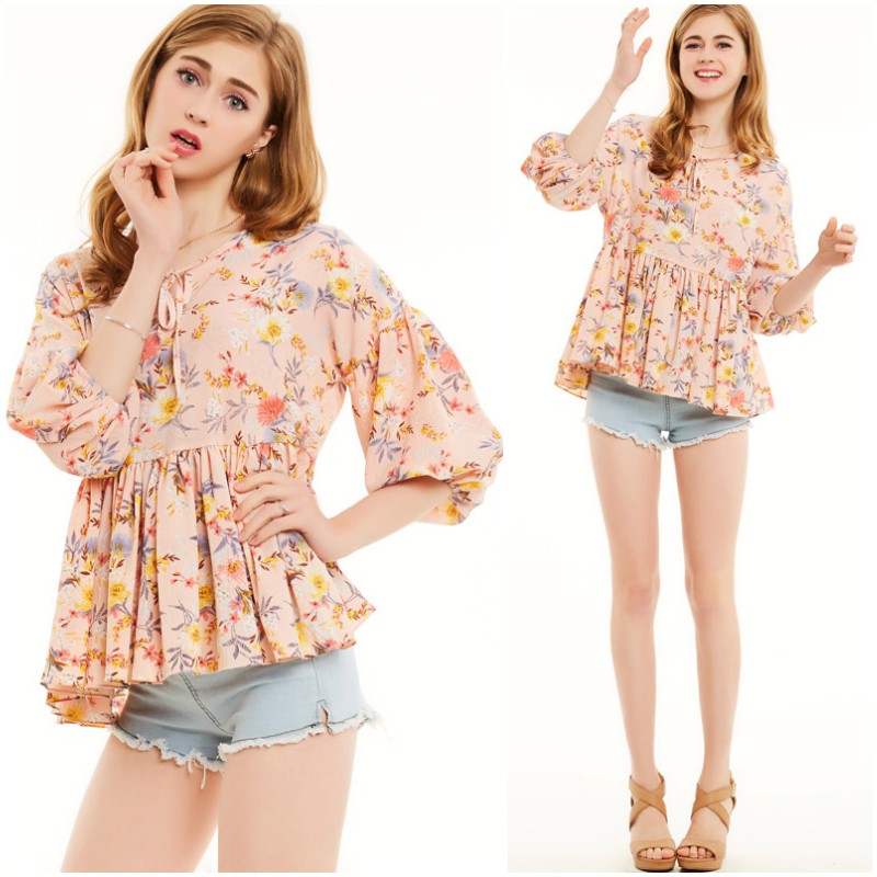 Baju Blouse Motif Floral Korea impor Boho Bohemian Kerja Pantai Lucu