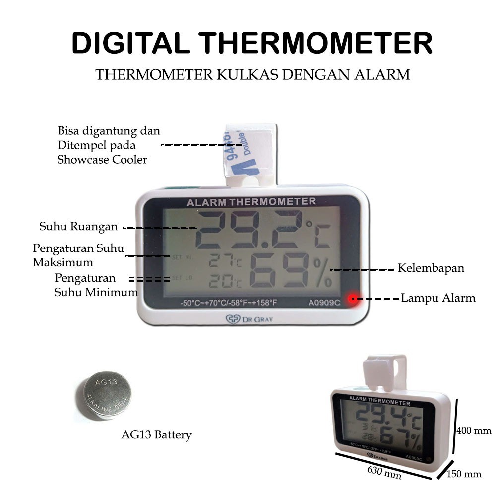 Jual Promoo !! Thermometer Digital Kulkas Alarm tipe A0909C DR GRAY