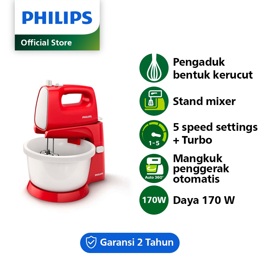 Jual PHILIPS Stand Mixer HR1559/10 170W, Stand Mixer with Bowl, Pengocok Adonan Kue Roti, Red