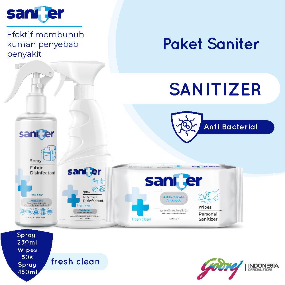 Saniter Personal Wipes Sanitizer 50S+All Surface Bottle Spray 450Ml+Fabric  Disinfect Bottle 200+30Ml | Shopee Indonesia