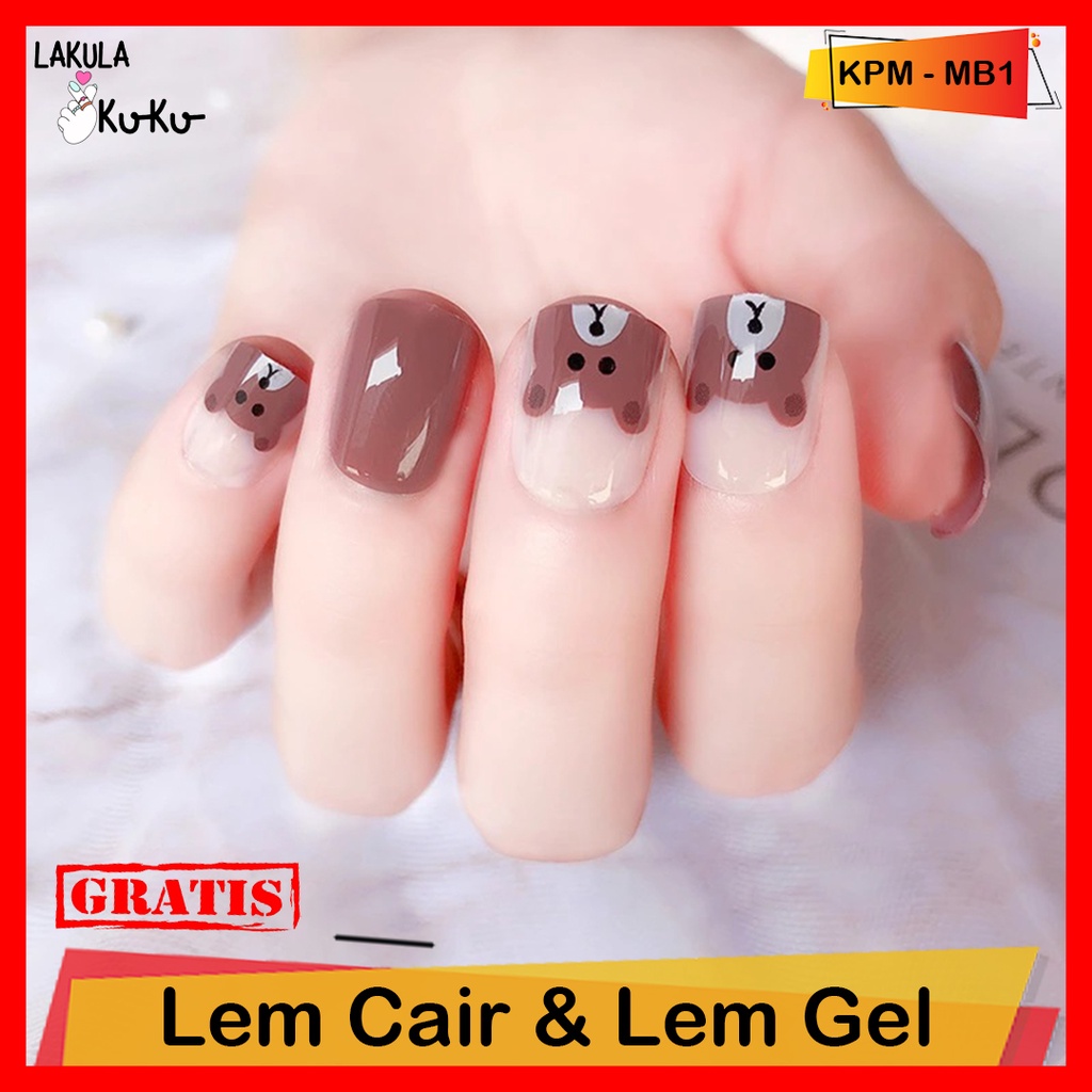 Jual Kuku Palsu dan Lem Tahan Lama Fake Nails Set Motif Lucu Beruang isi 24 pcs Shopee Indonesia