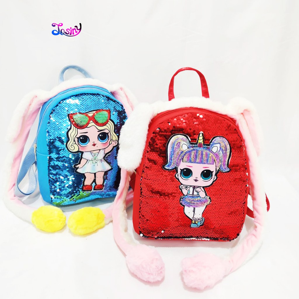 TAS RANSEL SEQUIN GLITTER TAS LOL LED BERGERAK BUNNY HAT NYALA MOTIF KARTUN RL8801 & RL8802
